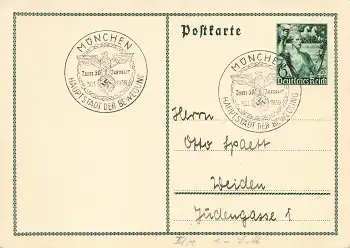 Deutsches Reich Ganzsache zum 30. Januar 1938 Sonderstempel München Hauptstadt der Bewegung 30.1.1938