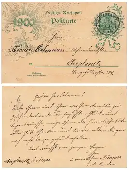 Neujahrskarte 1900 Ganzsache 5 Pfennig Reichspost o Oberplanitz 1.1.1900