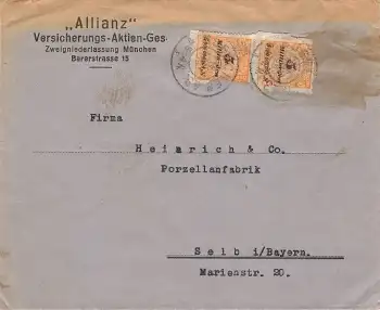 Freimarken 2x Michel 327B mit Firmenlochung auf Brief o München 17.11.1923 nach Selb