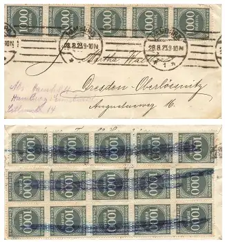 Ziffern im Kreis 1000 Mark Michel 273 Vielfachfrankatur auf Brief o Hamburg 28.8.1923 nach Oberlößnitz