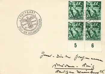 Machtergreifung Michel 660 Unterrand Viererblock auf Karte Sonderstempel Stuttgart 30.1.1938