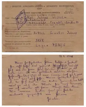 Sowjetisches Kriegsgefangenenlager 7236/6 Dwiri auf der Kura Georgie 28.11.1948 Kontrollstempel 303