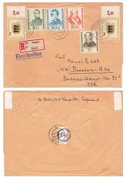 BRD Michel 222 - 225 Helfer der Menschheit auf R-Brief o Neuss1 27.11.1955 nach Dresden