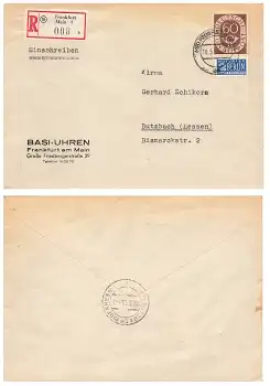 BRD Posthorn 60 Pfennig Michel 135 Einzelfrankatur mit Notopfer Berlin auf R-Brief o Frankfurt1 18.3.1953