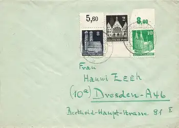 Bi-Zone Bautenserie 2 8 10 Pfennig auf Brief o Neuss2 27.3.1948 nach Dresden