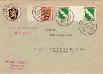 Französische Zone Wappen Michel 1 Zwischenstegpaar auf Brief o Säckingen 23.5.1946