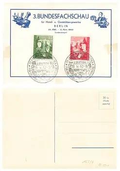 BRD Bundesjugendplan Michel 153 154 auf Karte Sonderstempel Berlin Bundesfachschau Hotel und Gaststätten Gewerbe 23.10.1952