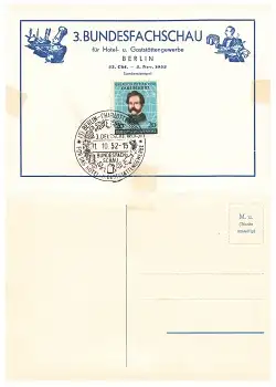 BRD Carl Schurz Michel 155 auf Karte Sonderstempel Berlin Bundesfachschau Hotel und Gaststätten Gewerbe 31.10.1952