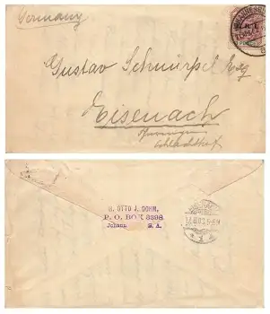 Südafrika 3 Pence Aufdruck E.R.I. Einzelfrankatur auf Brief o Johannisburg 27.4.1903 nach Eisenach