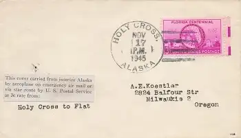 USA 3 Cent Florida Centennial auf Brief von Alaska o Holy Cross 17.11.1945 nach Milwaukie Oregon