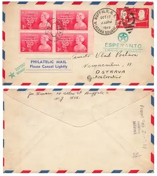 USA Five Cents Air Mail Esperanto Ganzsachenumschlag mit Zusatzfrankatur Moina Michel o Buffalo 17.10.1949 nach Ostrava