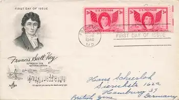 USA 3 Cent Francis Scott Key Firs Day of Issue FDC o Frederick 9.8.1948 nach Hamburg
