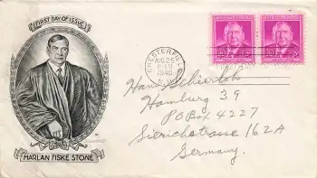 USA 3 Cent Harlan Fiske Stone First Day of Issue FDC o Chesterfield 25.8.1948 nach Hamburg