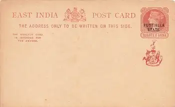 East India Post Card Puttialla State Quarter Anna Ganzsache 1889 *