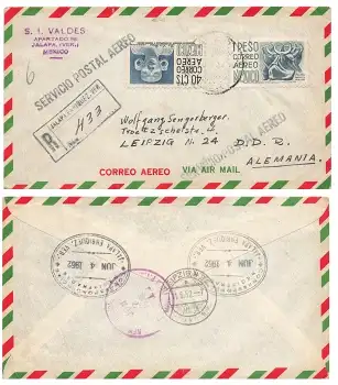 Mexico Correo Aero R-Brief o Jalapa 4.6.1952 nach Leipzig