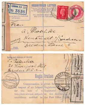 UK Postage Three Halfpence Edward Registered Letter Ganzsache o 12.12.1937 nach Neustadt Sachsen