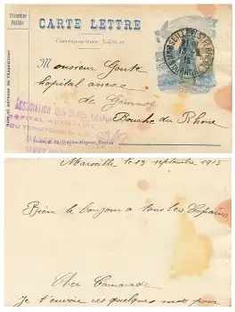 Frankreich Carte Lettre Correspondance Militare o Maseille 13.9.1915