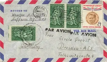 USA Luftpostbrief PAR AVION o Suffern NY 21.3.1958 nach Dresden