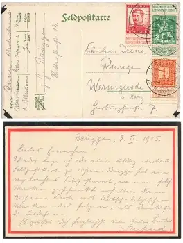 Patriotika Karte mit Belgischer Frankatur und Stempel KD Feldpostamt des Marine Korps o10.3.1915