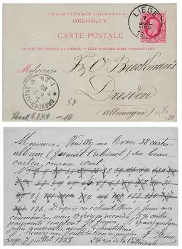 Belgien Carte Postale 10 C Ganzsache o Liege 7.7.1883 nach Dresden