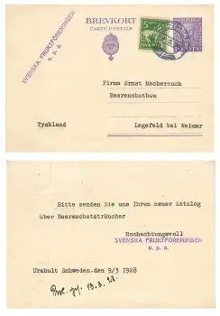 Schweden Sverige 10 Öre Ganzsache o Urshult 9.3.1928 nach Legefeld