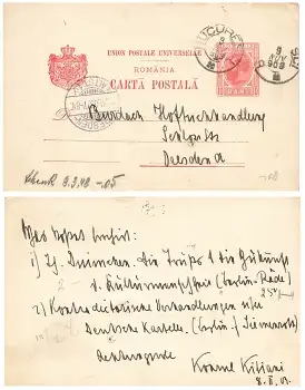 Romania Carta Postala 10 Bani Ganzsache o Bucuresci 9.11.1903 nach Dresden