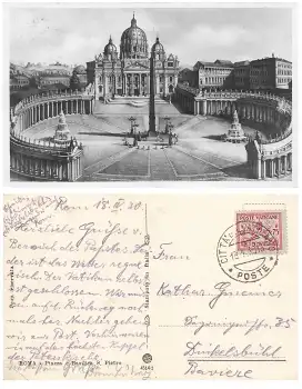 Vativane 75 Cent Einzelfrankatur auf AK o Citta del Vaticano Poste 18.4.1930 nach Dinkelsbühl