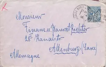 Monaco 25 Cent Einzelfrankatur auf Brief o Monte Carlo 7.4.1914 nach Altenburg