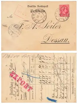 Luxemburg 10 Cent auf Bestellkarte der Firma Seiler Dessau o Remich 22.6.1890