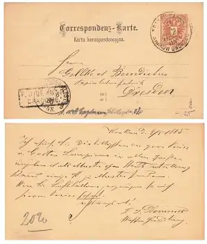 Österreich 2 Kreuzer Karta korespondencyjna Ganzsache o Krakow Dworzeg 9.5.1885 nach Dresden