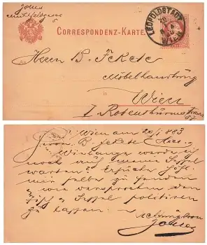 Österreich 2 Kreuzer Correspondenz-Karte Ganzsache o Leopoldstadt 20.1.1883 nach Wien