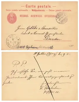 Schweiz 10 Rappen Ganzsache o St Gallen 9.1.1884 nach Dresden