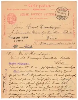 Schweiz 10 Rappen Ganzsache o Zürich Fluntern 27.2.1901 nach Wien