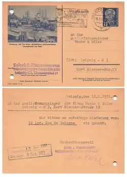 DDR Wilhelm Pieck 12 Pfennig Bild Ganzsache P47 Hamburg o Leipzig 12.1.1951