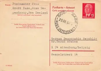 DDR Wilhelm Pieck 15 Pfennig Ganzsache Antwortteil o Scott Base 23.12.1957 New Zeeland nach Altenburg