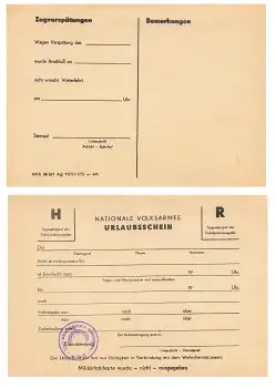 DDR Nationale Volksarmee NVA Urlausschein blanko mit Dienstsiegel um 1973