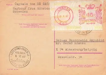 DDR Walter Ulbricht 15 Pfennig Antwort Ganzsache o Schiffspost MS SAGA 8.10.1967 Nachporto London