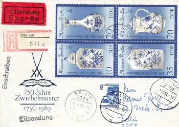 DDR Michel 3241-44 Meissener Porzellan Viererblock auf R-Brief Expres FDC o Sellin 18.4.1989