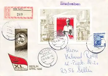 DDR Block 83 XI Parteitag der SED auf R-Brief o Sellin 11.4.1986