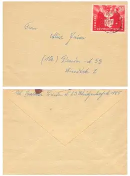 DDR Michel 284 Deutsch Polnische Freundschaft Einzelfrankatur auf Brief o Radebeul 9.5.1951 nach Dresden