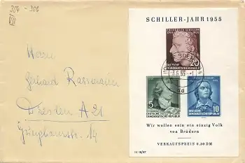 DDR Block 12 Todestag Friedrich Schiller auf Brief o Dresden A24 3.6.1955