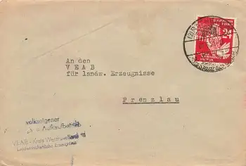 DDR Michel 279 Frieden Einzelfrankatur auf Brief o Rathenow 9.6.1951 nach Prenzlau