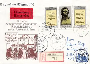 DDR Michel 3254-5 Friedrich Schiller Expres R-Brief FDC o Sellin 23.5.1989