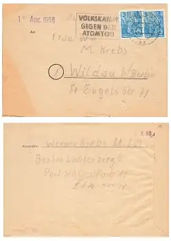 VOLKSKAMPF GEGEN DEN ATOMTOD Propaganda Stempel auf Brief o Berlin 5.8.1958