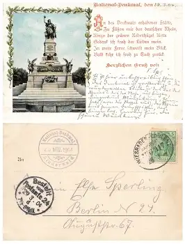 Niederwald Denkmal Bahnpoststempel Wiesbaden Coblenz Zug 317 28.3.1904