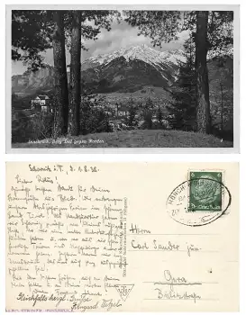 Innsbruck Bahnpoststempel München Innsbruck Zug 102 3.8.1938