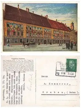 Augsburg Fuggerhaus Künstlerkarte Bahnpoststempel München Stuttgart Zug 119 3.4.1930