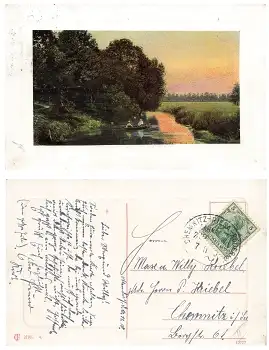 Landschaft Bahnpoststempel Chemnitz Riesa Röderau Zug 3432 7.12.1910