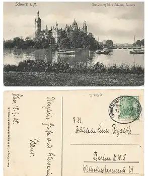 Schwerin Schloss Bahnpoststempel Ludwigslust Schwerin Zug 24 19.9.1908