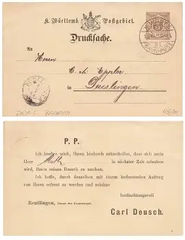 Württemberg Drucksache Ganzsache mit Privatem Zudruck drei Pfennig o Bahnpost 64 S1 14.7.1913